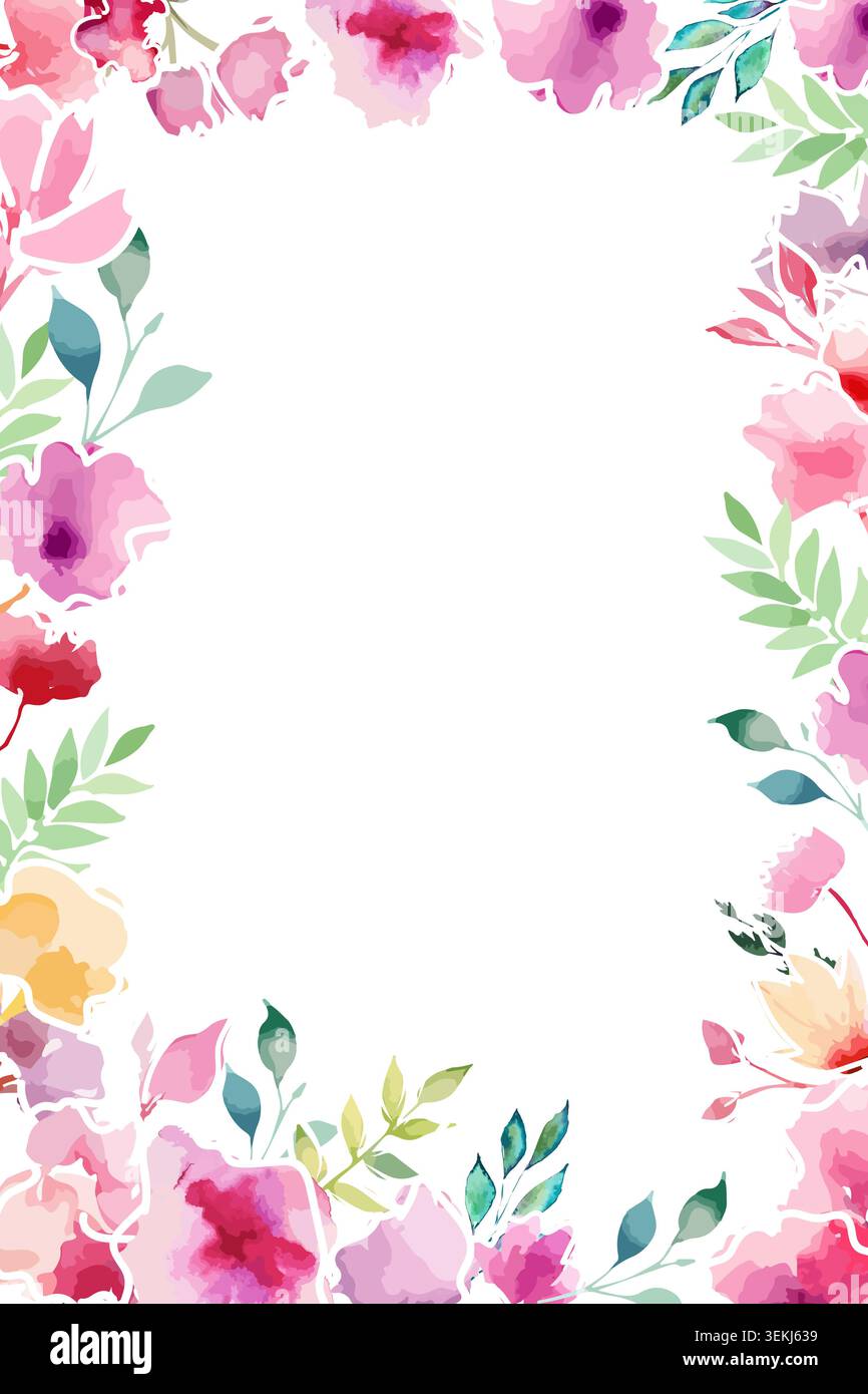 Rectangular frame postcard with watercolor flowers . Hand drawn. Not AI, vector illustration. Stock Vector