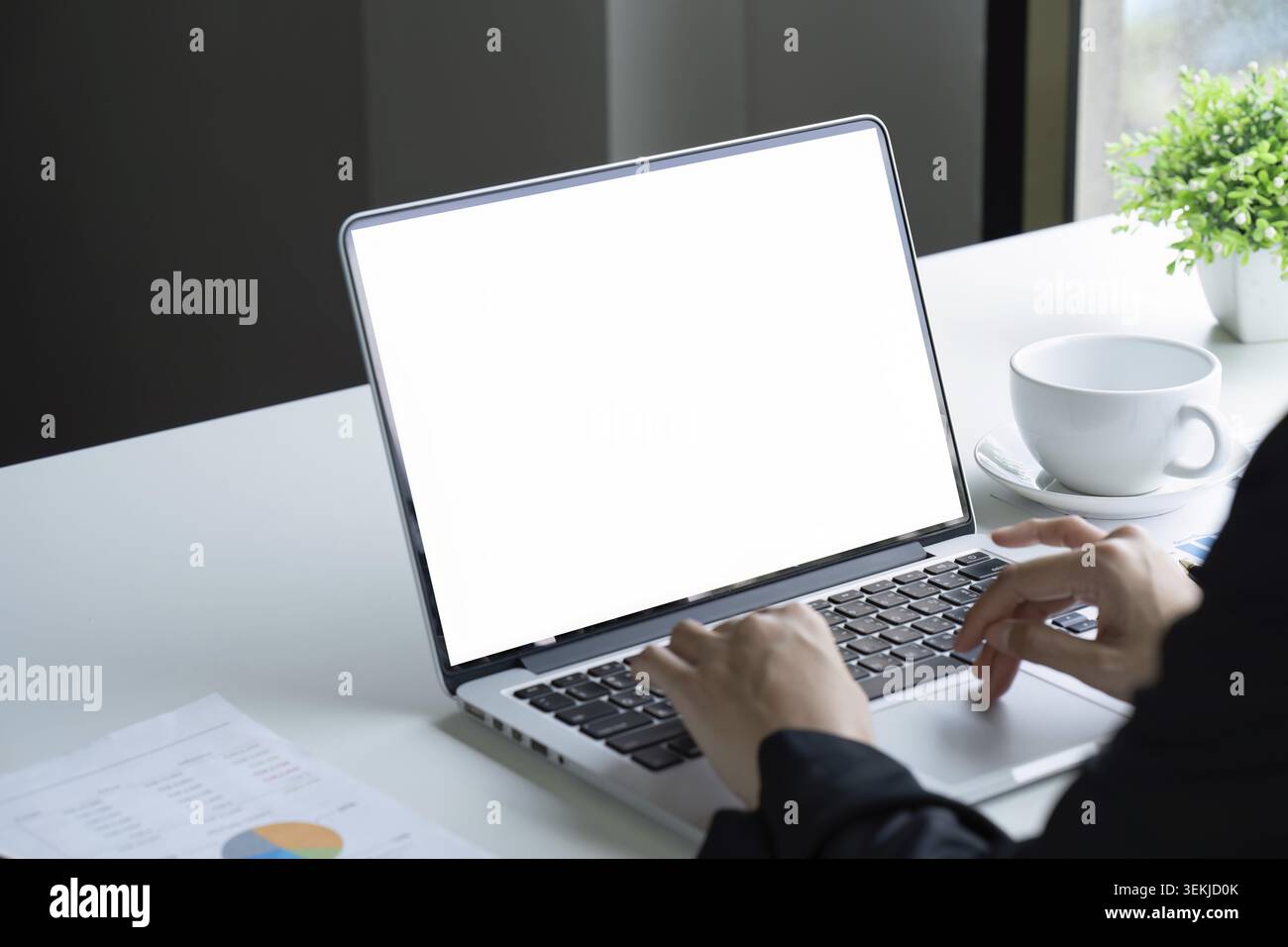 Closeup shot of hands using laptop and typing on keyboard, searching information. blank screen Stock Photo