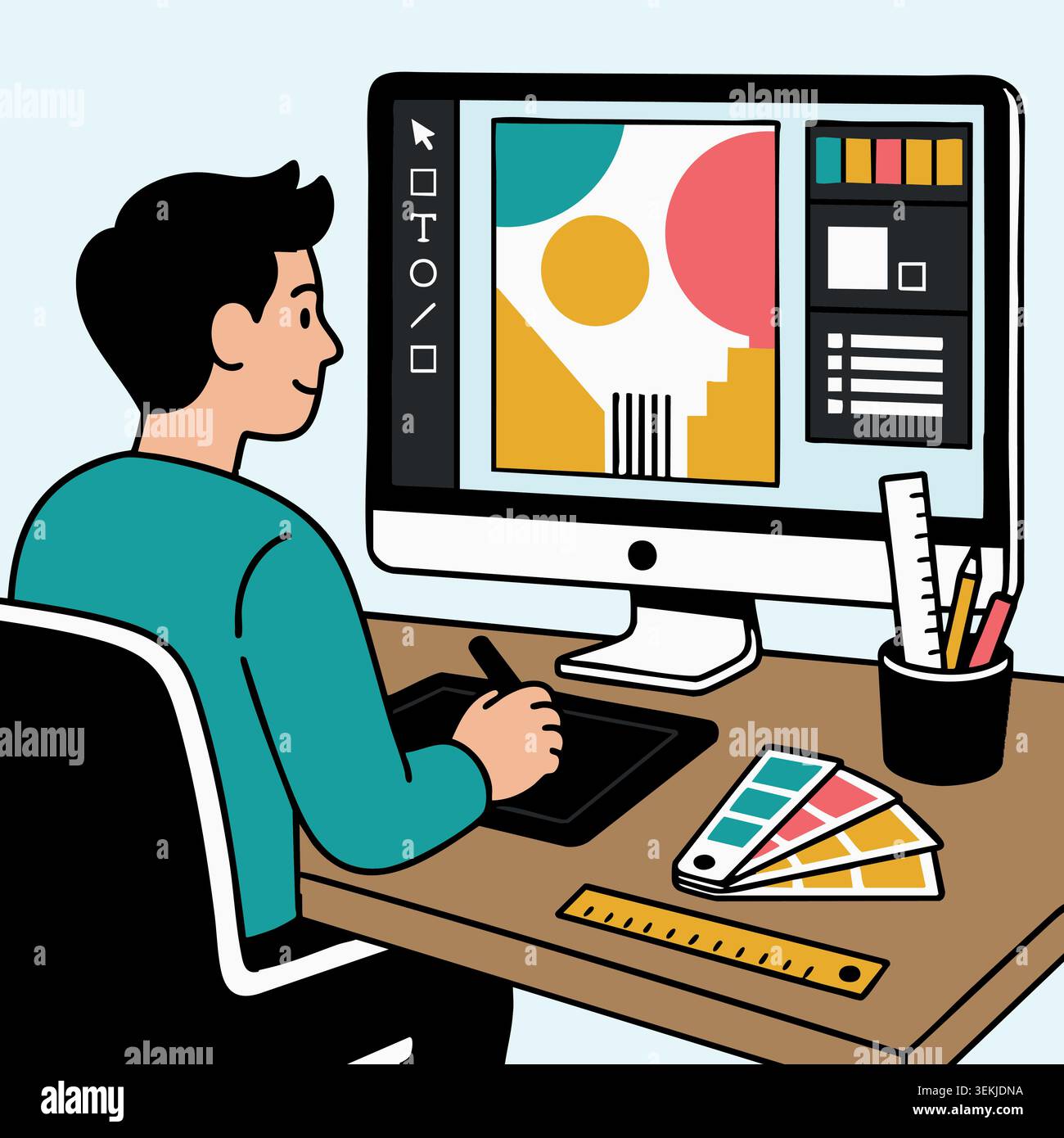 Graphic designer working on computer with digital tablet creating geometric poster artwork Stock Vector