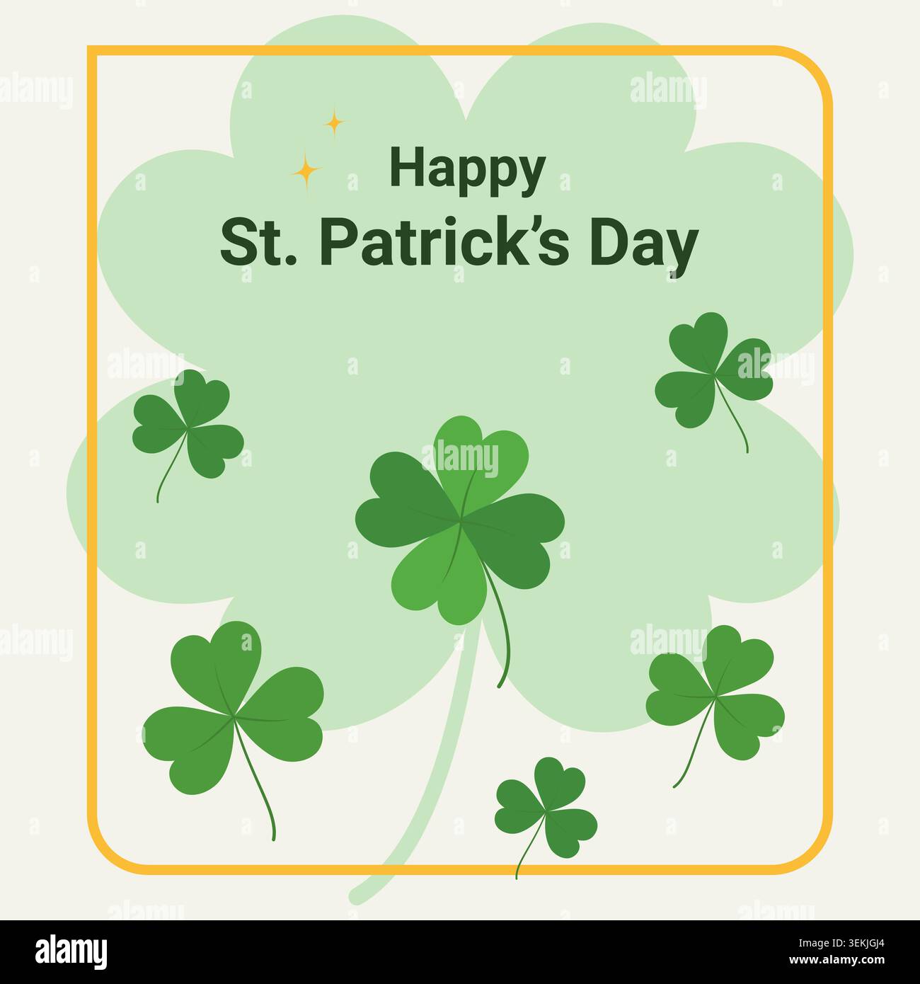 Happy St Patrick Day Card Template with Text Clover leaves and Colden frame Minimalistic Flat Design. Vector illustration Greetings, themed cards design, party invite, promo, branding asset or product Stock Vector