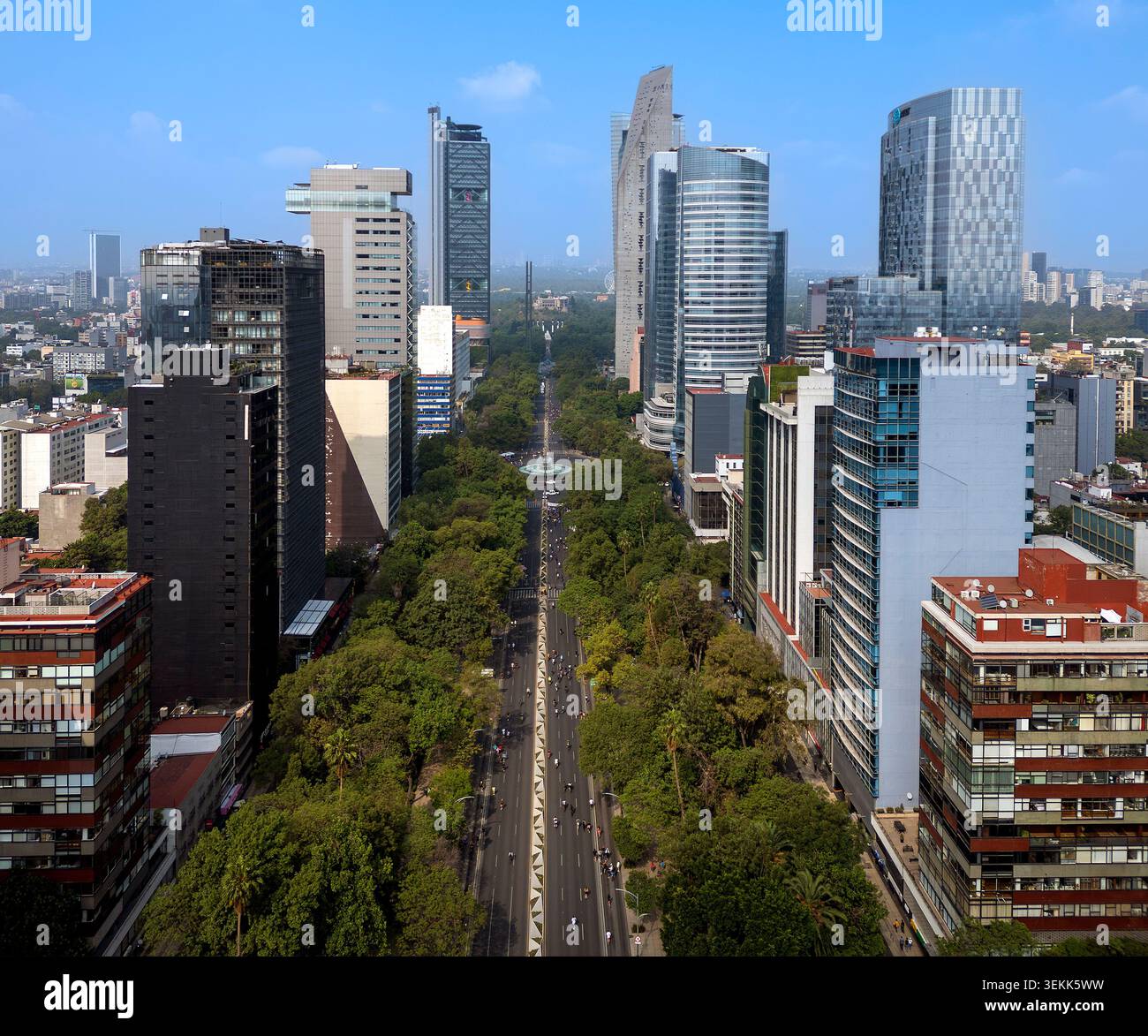 Drone aerial cityscape of Paseo de la Reforma leading to Chapultepec Castle, Mexico City, Mexico Stock Photo
