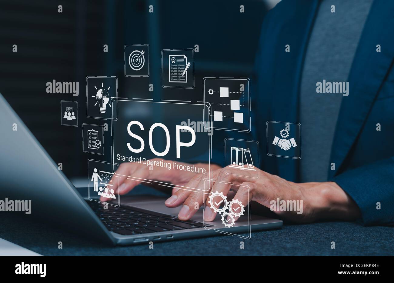SOP standard operating procedure concept. workflow documentation, process management, compliance checklist, team training, quality control, approval Stock Photo