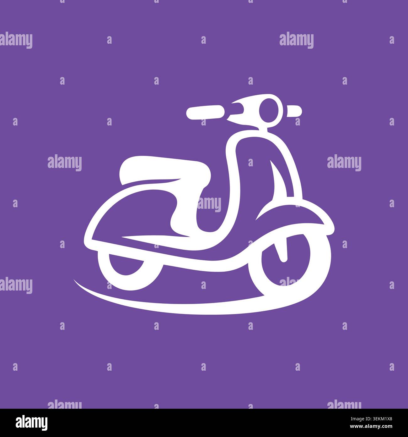 Minimalist white line art illustration of a modern scooter on a solid purple background, ideal for transportation, logistics branding, icons, infograp Stock Vector