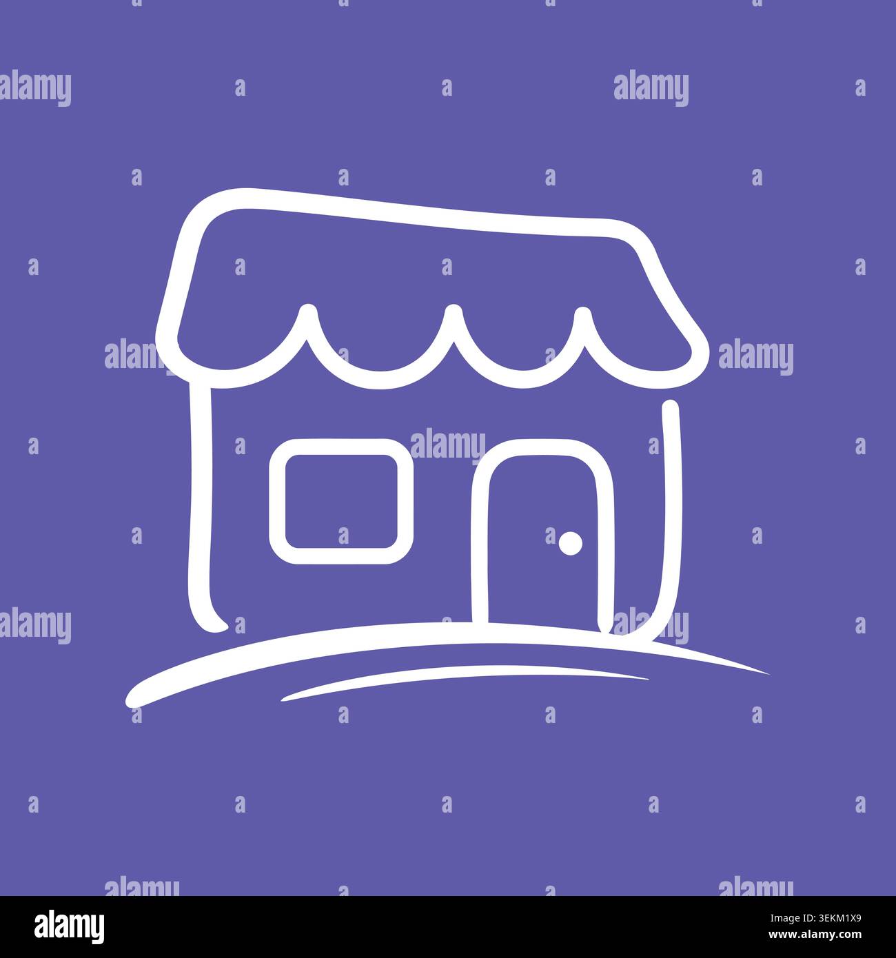 Simple white line art house icon on purple background with door and window. Ideal for web design, mobile app, digital interface, and graphic design pr Stock Vector