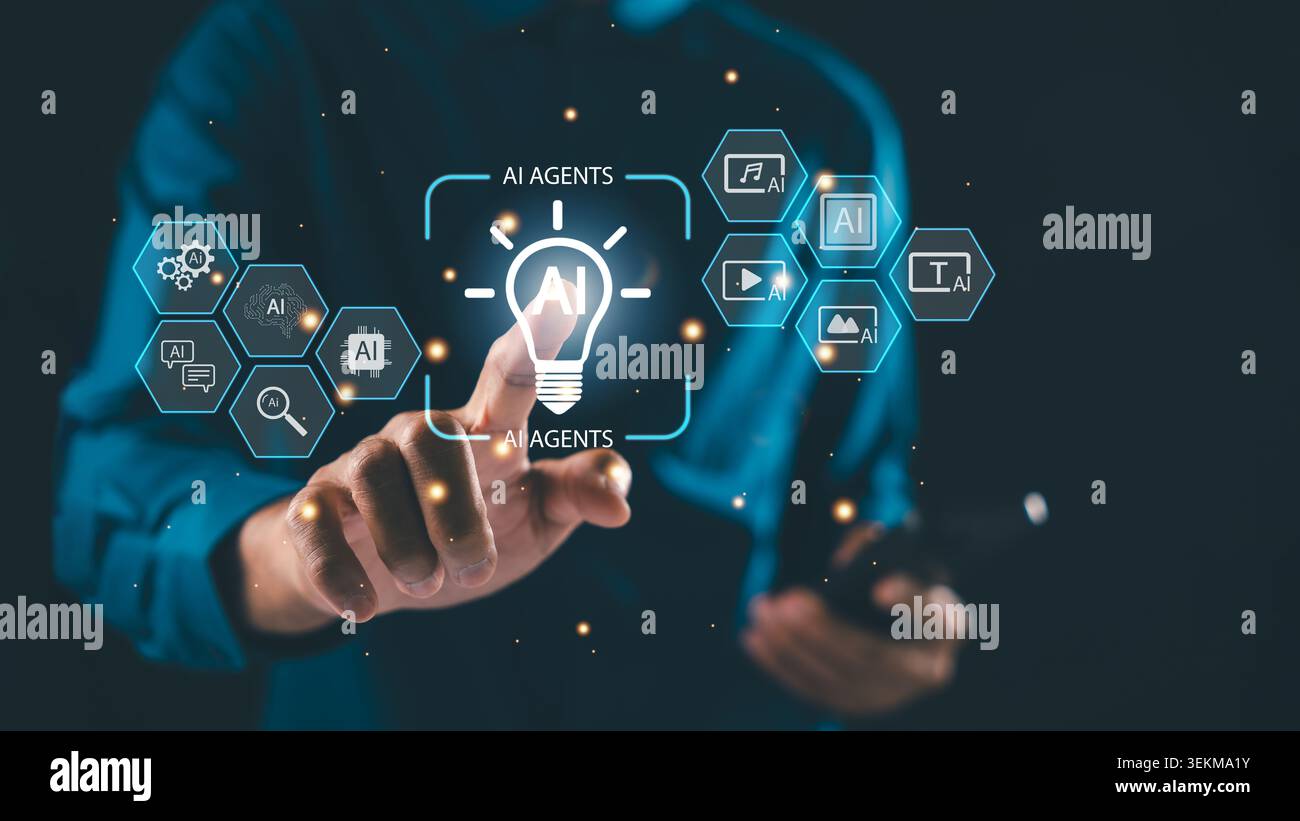 Professional touches AI interface artificial intelligence innovation automation data processing digital transformation screen, glowing lightbulb icons Stock Photo