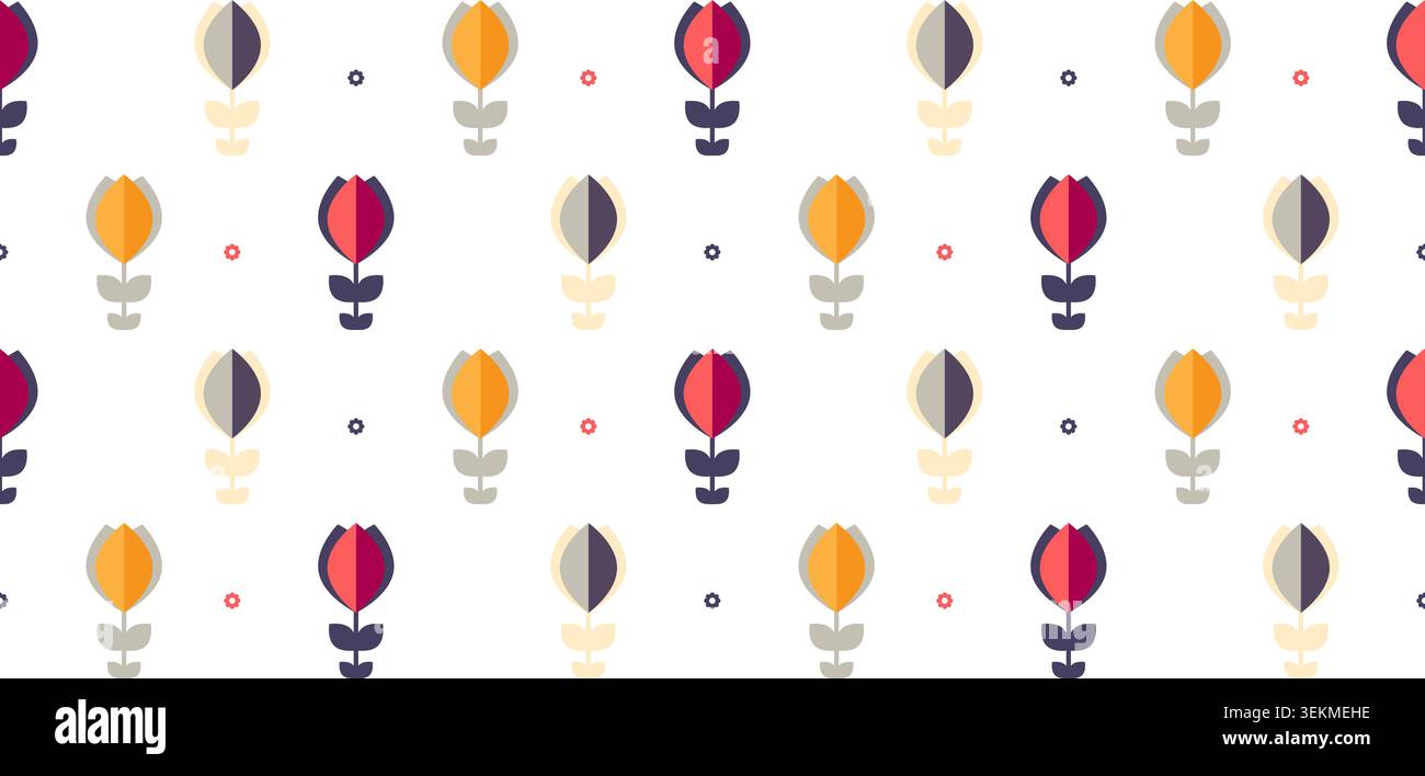 Minimalist floral vector pattern featuring stylized tulips in a repetitive seamless layout Stock Vector