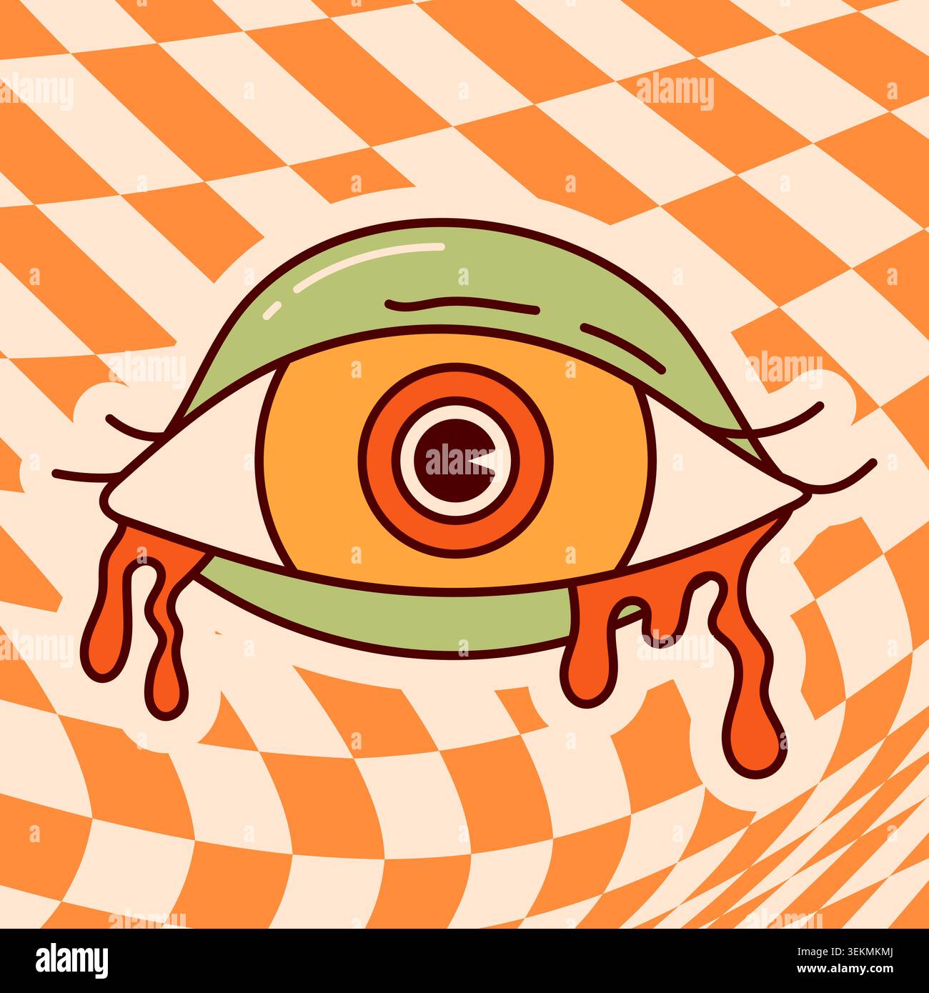 Psychedelic groovy eye with orange checkerboard background. Stock Vector