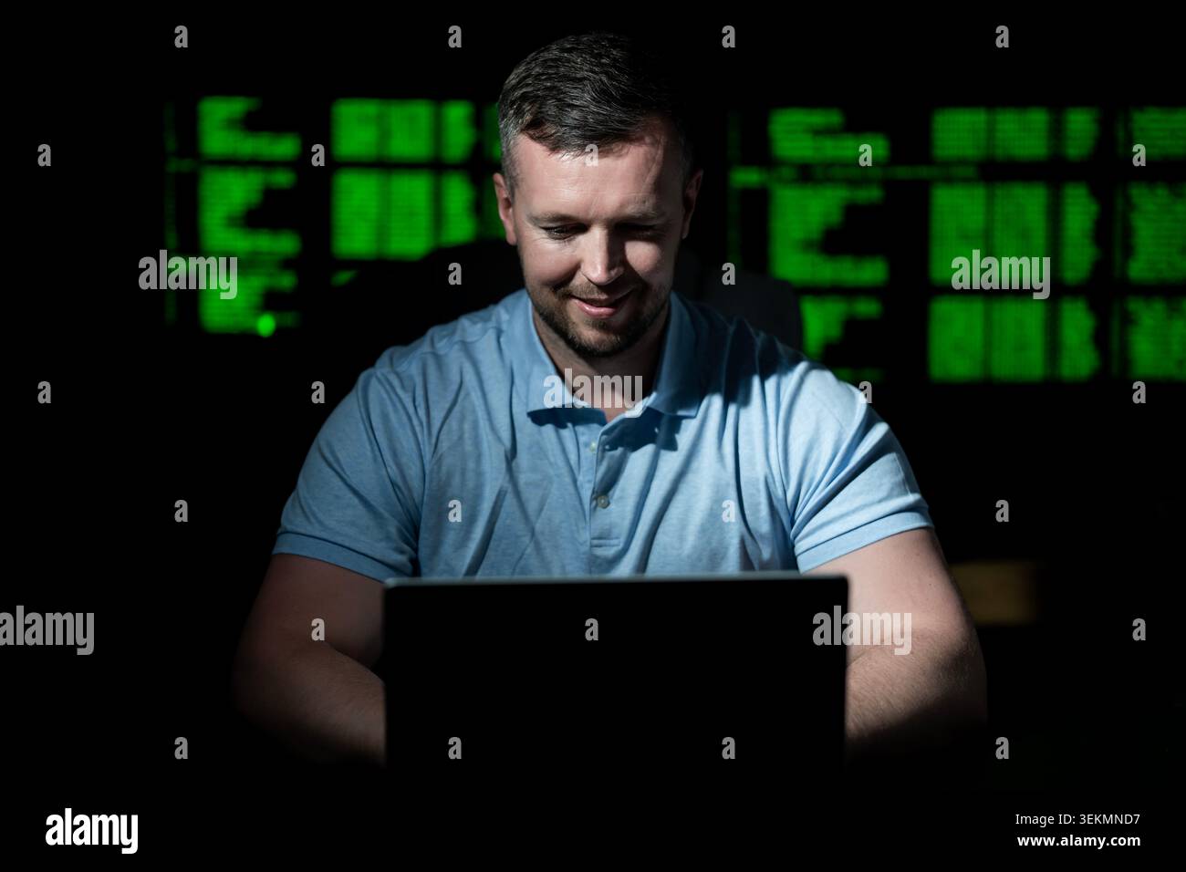 Programmer uses workstation for coding tasks. Programmer writes programming for secure network. Programmer monitors data analysis and logs. Programmer Stock Photo