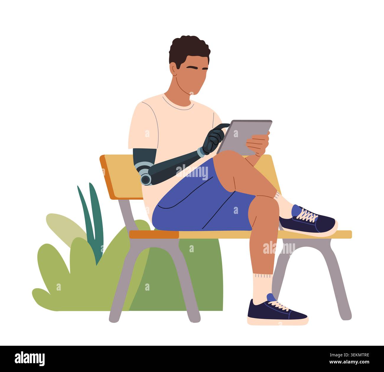 Freelancer Man sits on bench, using tablet Stock Vector