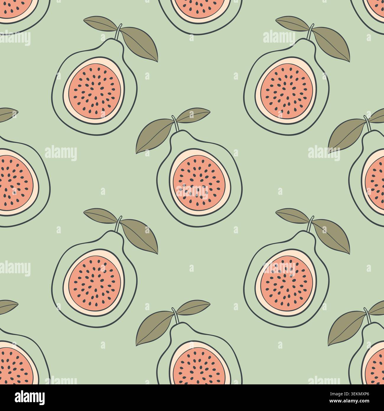 seamless pattern in Scandinavian minimalist style featuring cut halves of guava fruit with seeds and leaves on a soft mint green backdrop. Tropical or Stock Vector