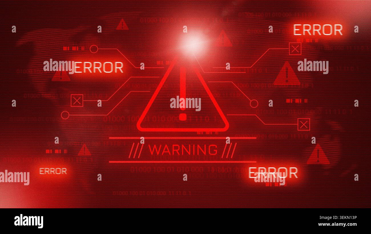 Technology Error. Sign Warning message shows errors on a digital screen in a technology ...