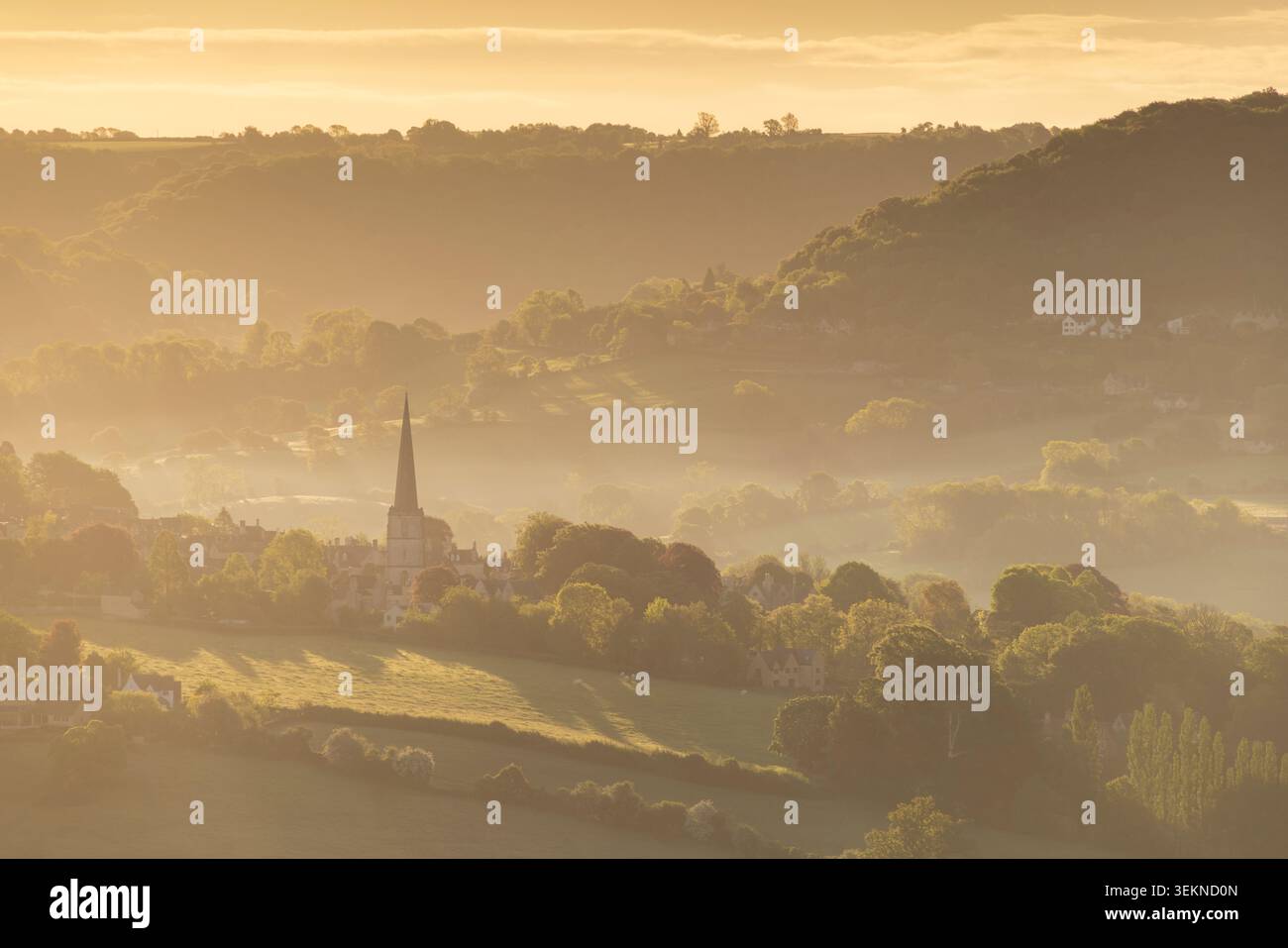 Beautiful Cotswolds landscape at dawn with St Mary's church spire, Painswick, Gloucestershire, England.  Spring (May) 2026. Stock Photo