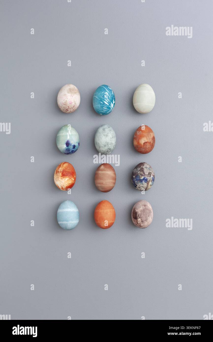 Row of decorative Easter eggs with various patterns and colors Stock Photo