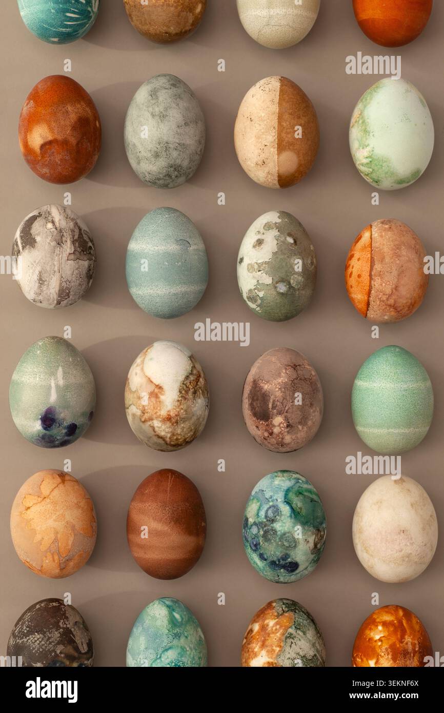 Decorated eggs in different colors and textures Stock Photo