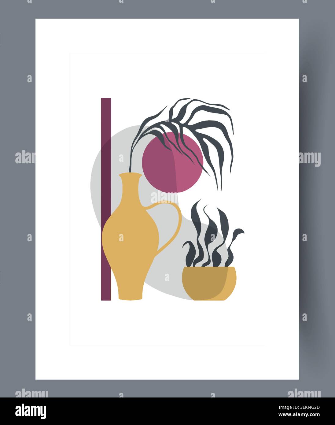 Abstract still life with vase, plant leaf, sun circle, and steaming bowl Stock Vector