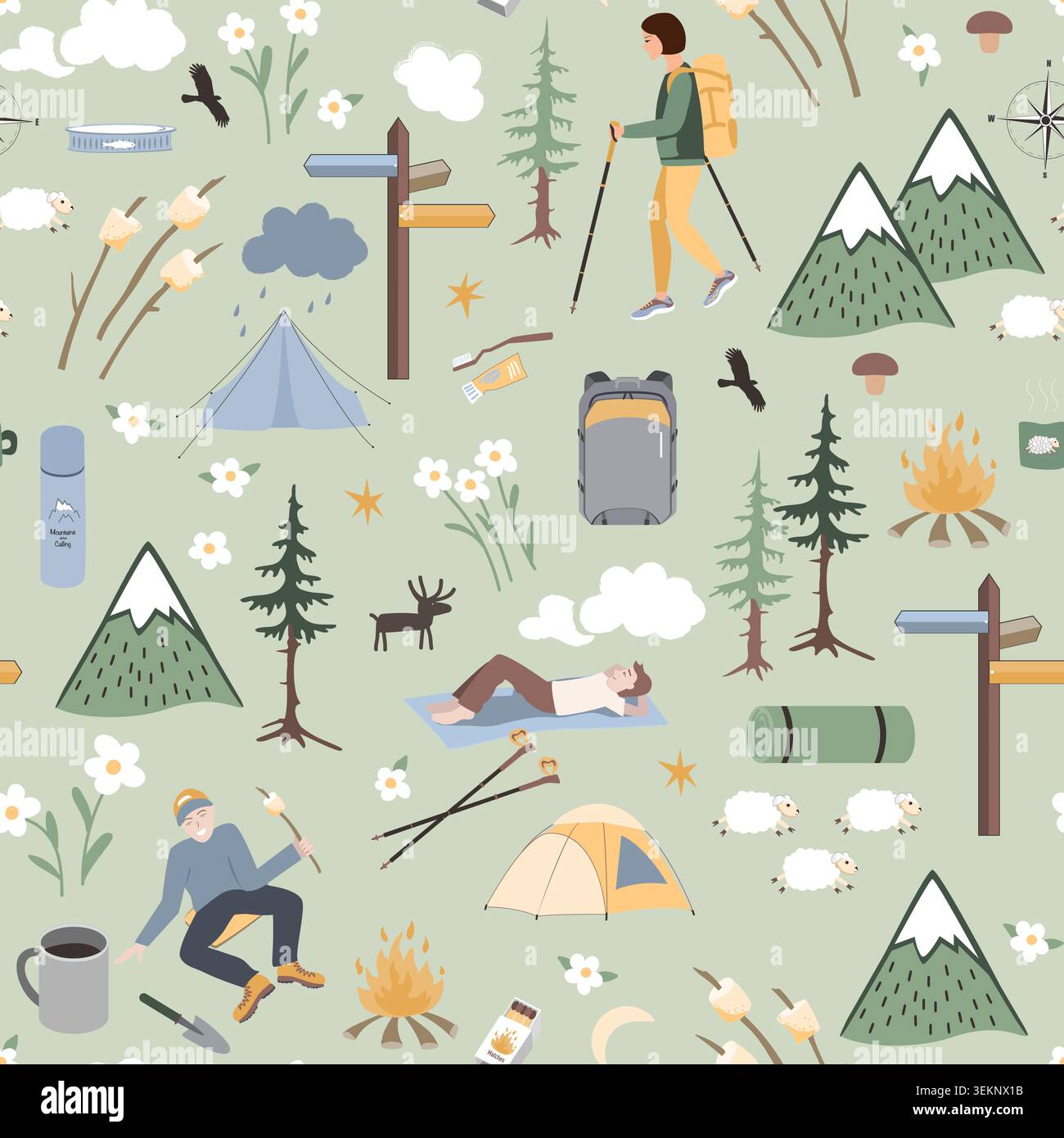 Seamless pattern with camping elements. Hand drawn design for fabric, print, wrapper, textile. Vector illustration Stock Vector