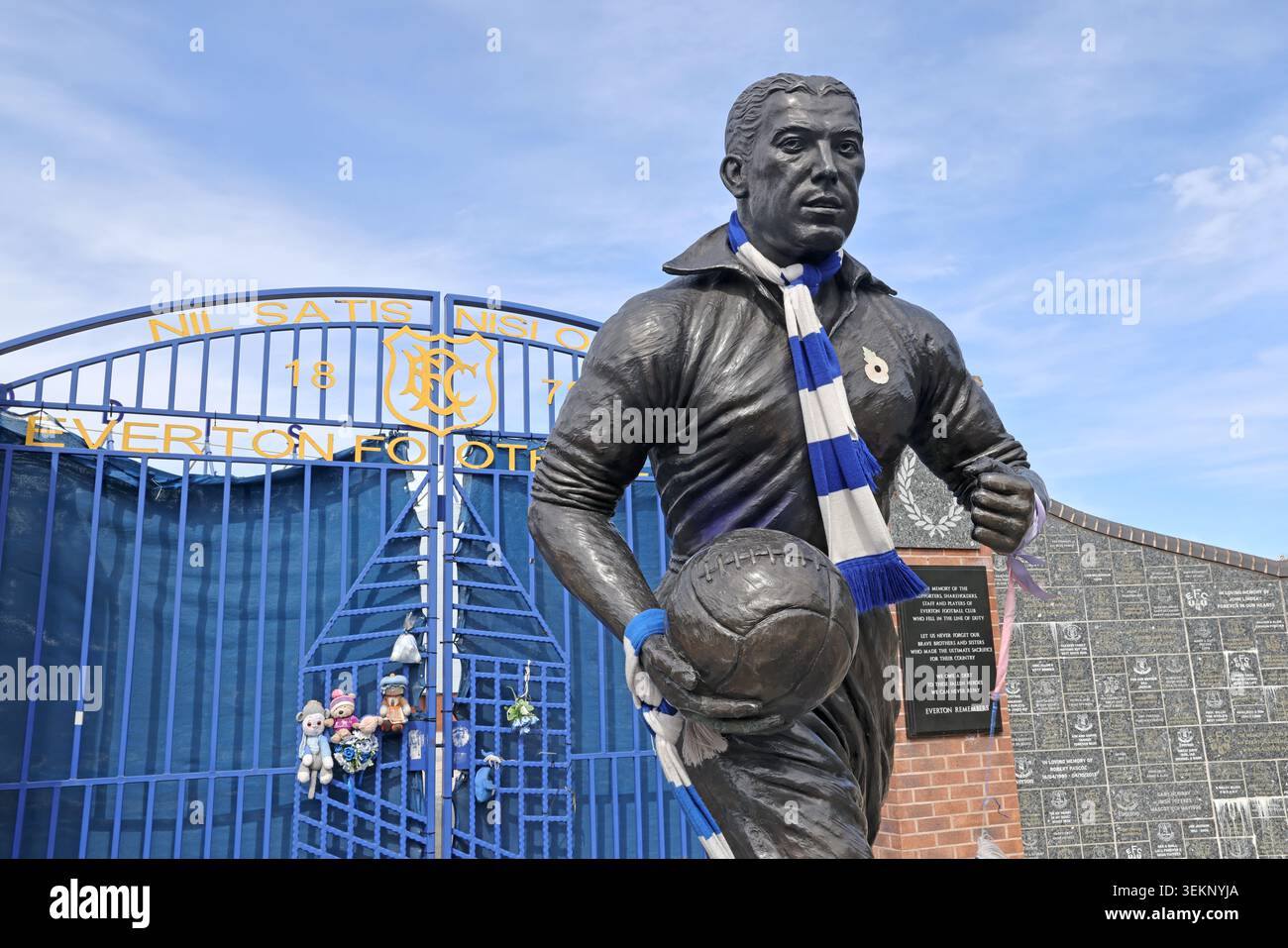 Dixie Dean EFC blue entrance gates at Goodison Park in Liverpool, England, UK. Stock Photo