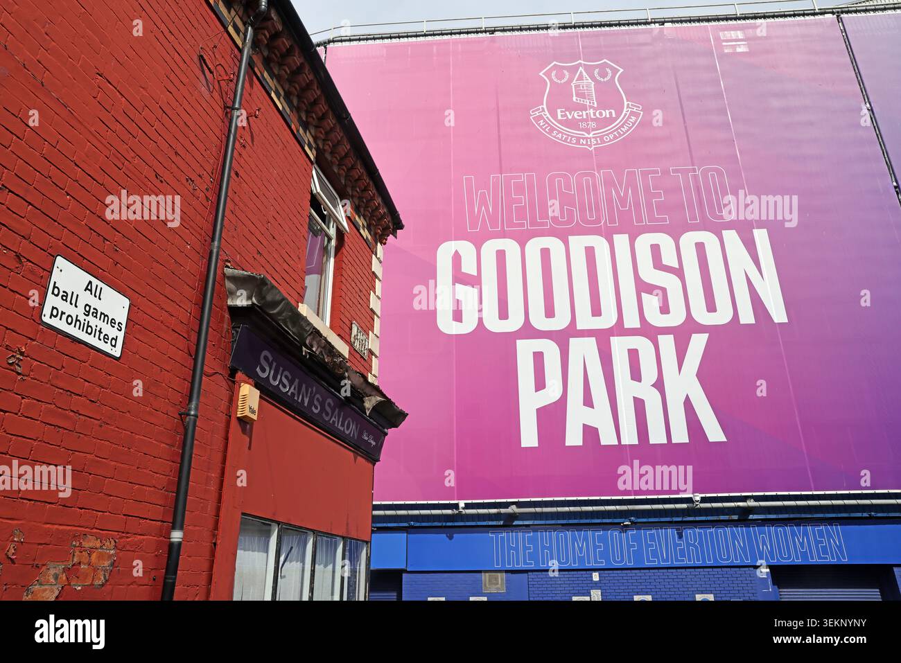 Goodison Park No Ball Games sign beside Everton FC's historic stadium in Liverpool, England, UK. Stock Photo