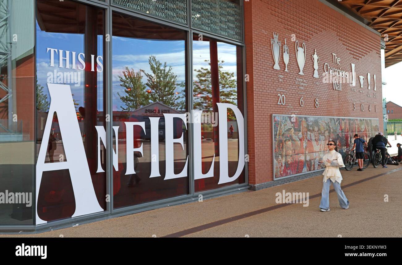 This Is Anfield sign and Liverpool FC Champions Wall outside Anfield stadium in Liverpool, England, UK. Stock Photo