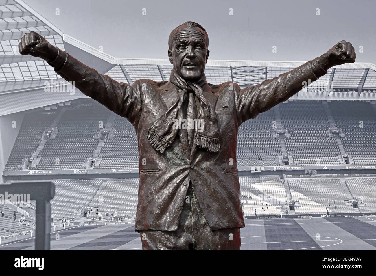 Bill Shankly statue outside Anfield stadium in Liverpool, England, UK, honouring the legendary Liverpool FC manager. Stock Photo