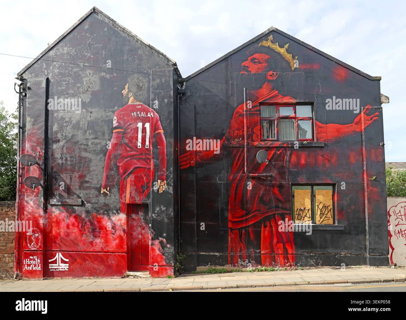 Mohamed Salah mural by John Culshaw on Anfield Road at Hotel Anfield in Liverpool, England, UK. Stock Photo