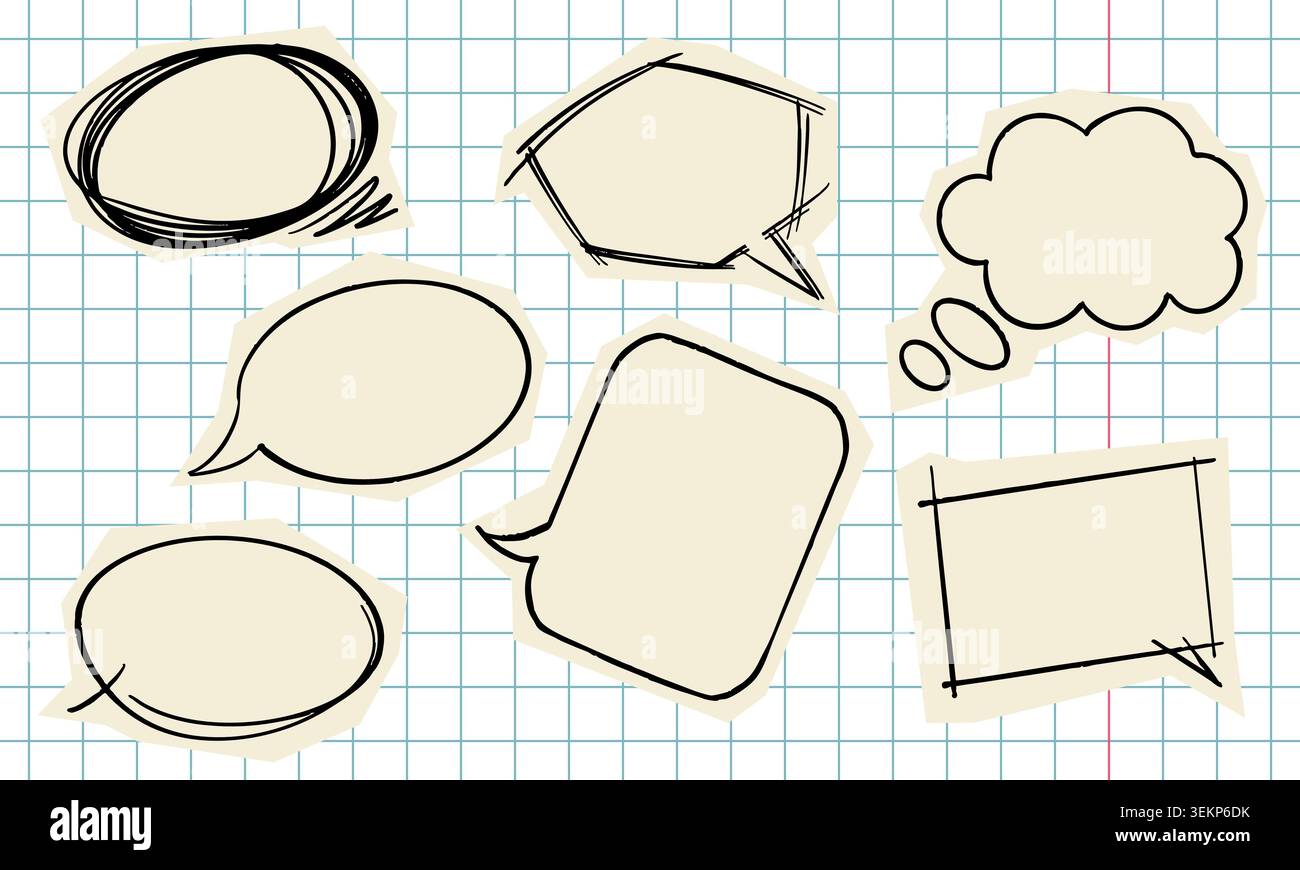 Hand Drawn Speech Bubble Set on Grid Notebook Background Stock Vector