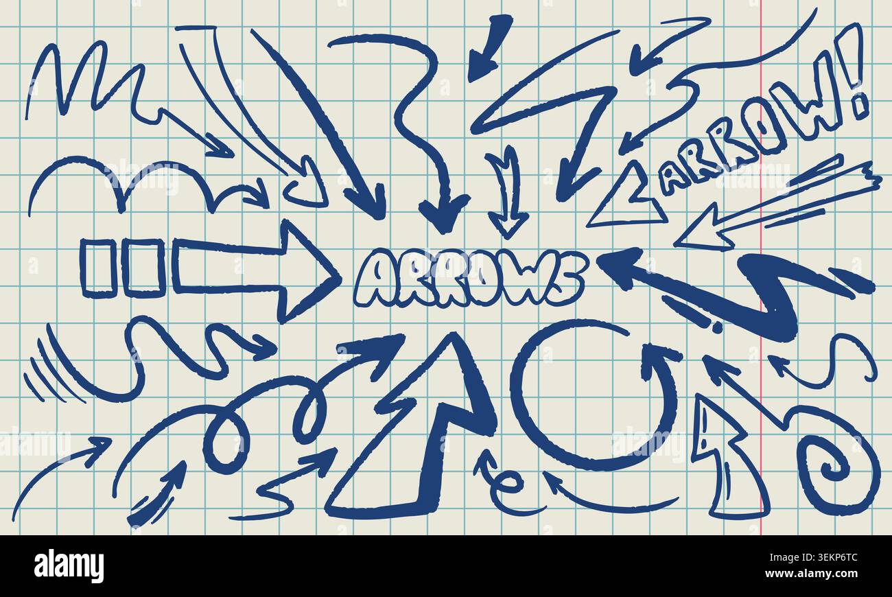 Blue Hand Drawn Arrows on Grid Paper Doodle Set Stock Vector