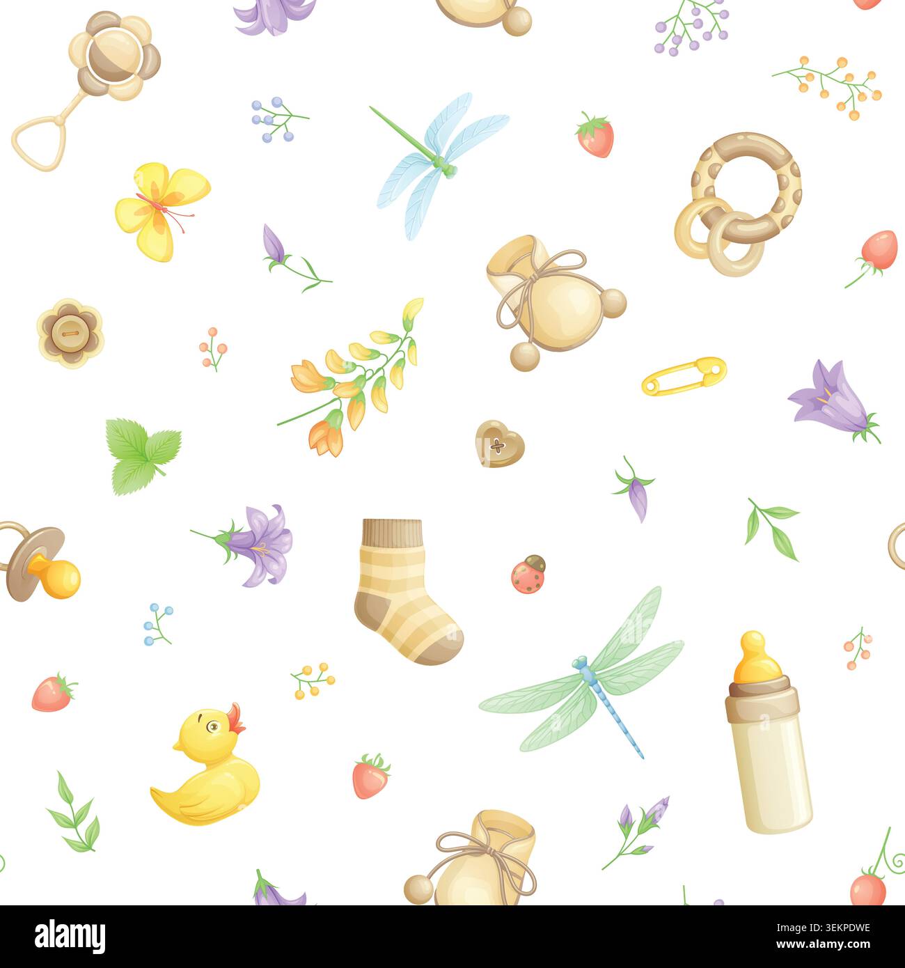 Baby shower seamless vector pattern with cute gender neutral beige elements. Stock Vector