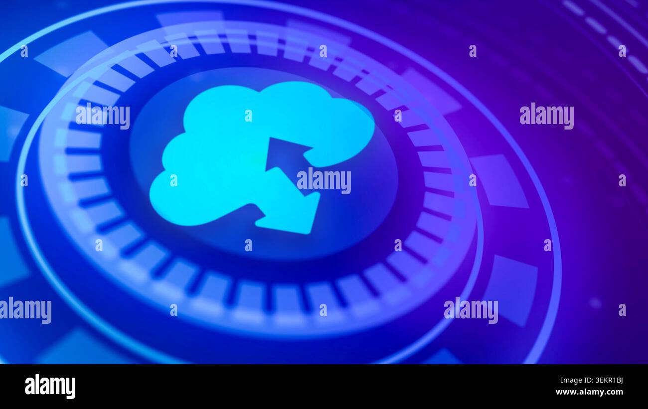 Cloud icon with up and down arrows on a futuristic digital interface, representing data flow and secure storage concepts Stock Photo
