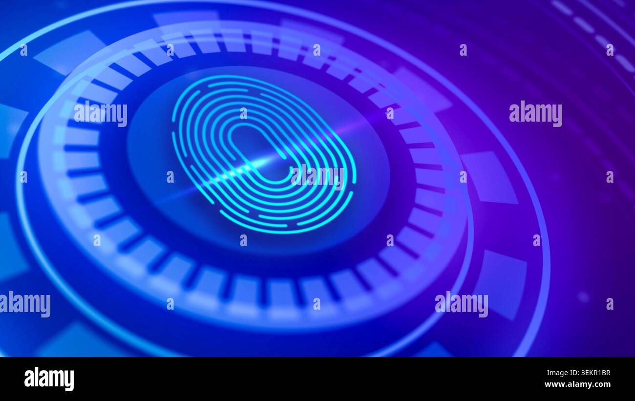 Biometric fingerprint icon on a futuristic interface, representing digital security, personal identification, and data authentication Stock Photo