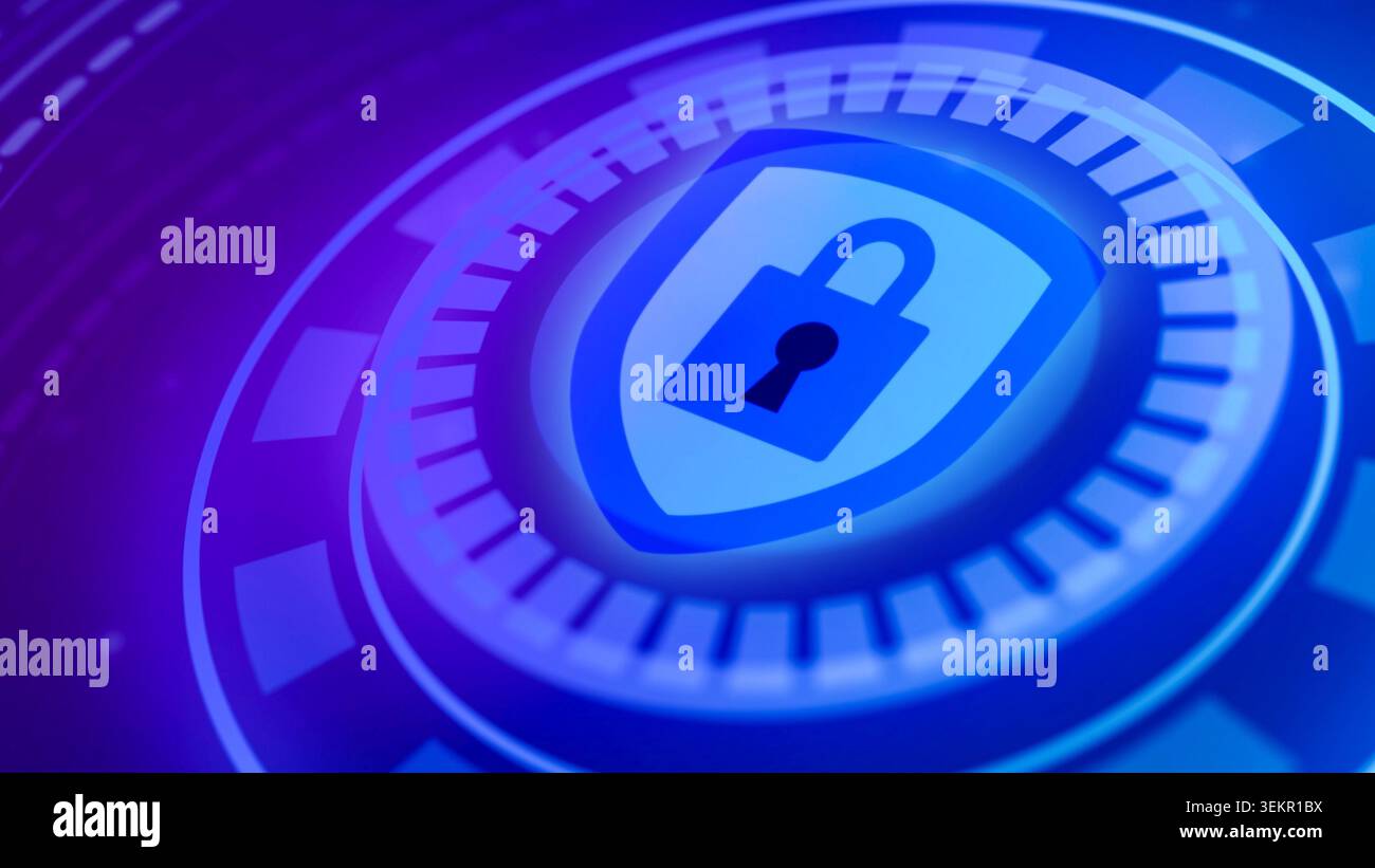 Cybersecurity icon featuring a padlock within a shield, representing secure digital protection and online data privacy Stock Photo