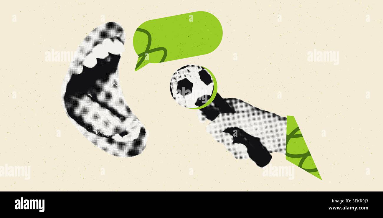 Football commentary interview halftone collage vector illustration Stock Vector