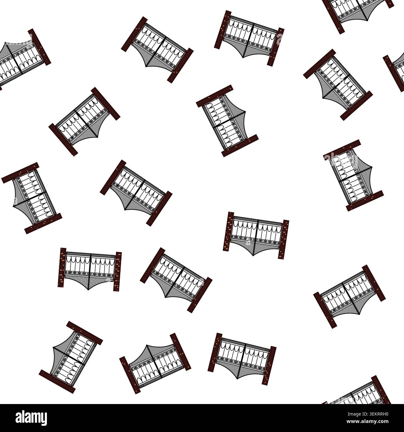 pattern Ornate iron gate with brick pillars protecting entrance Stock Vector
