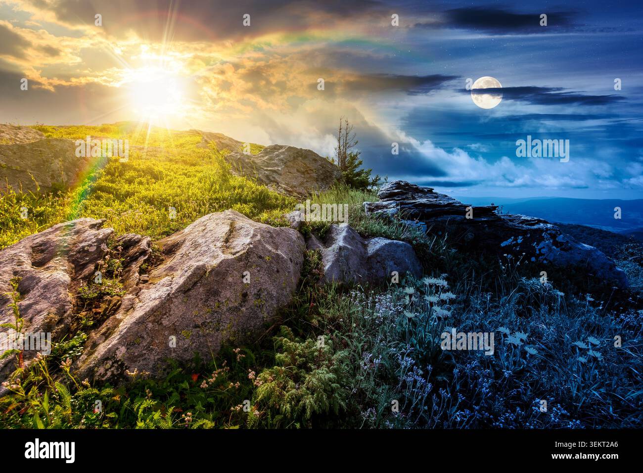 day meet night. carpathian mountain summer solstice landscape. alpine meadow with huge stones among the grass on top of the hillside near the peak of Stock Photo