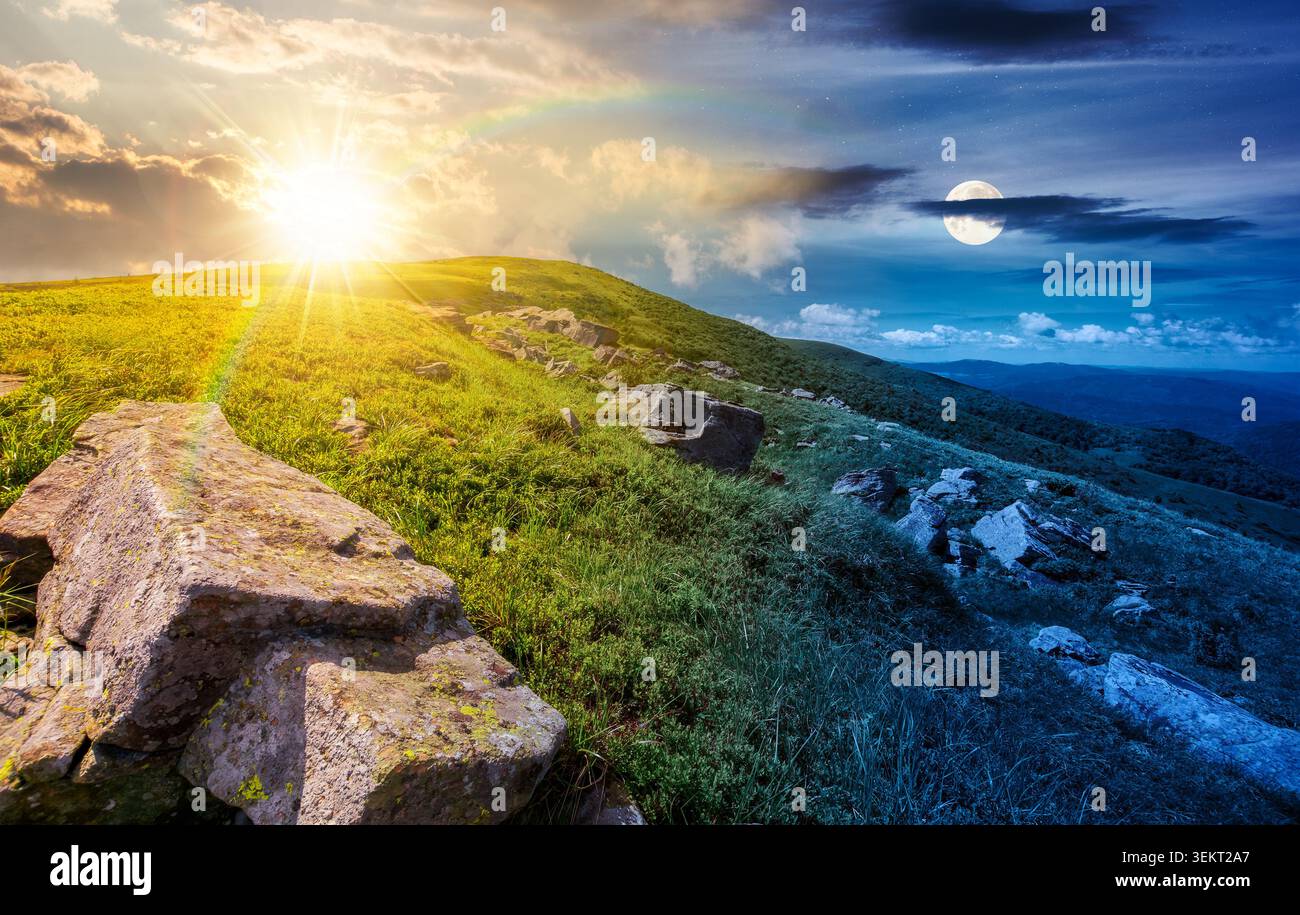 day meet night above Carpathian mountain summer landscape. sun and moon in harmony over meadow with stones among the grass on hillside near the peak o Stock Photo