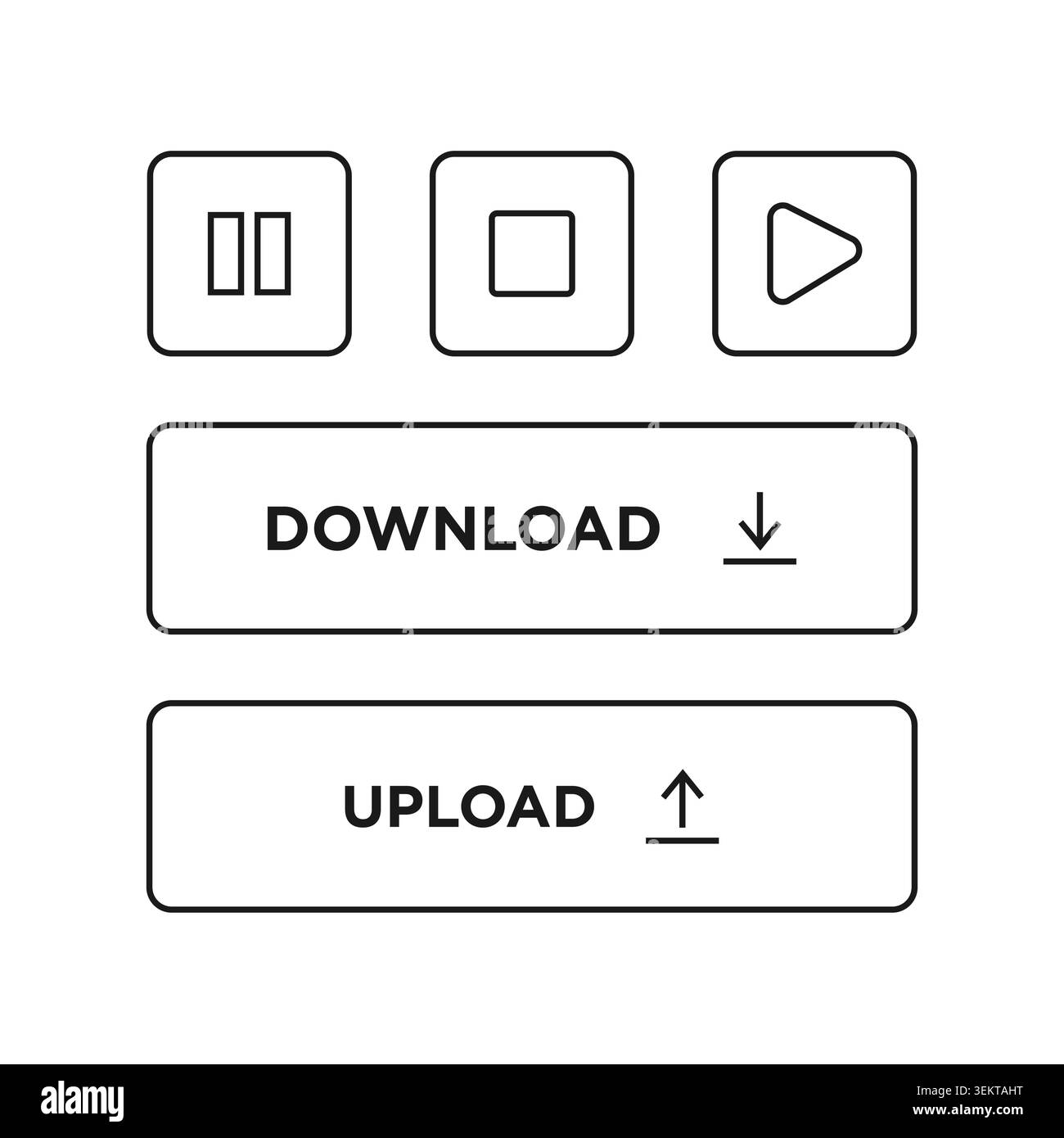 Collection of minimal interface button elements featuring media controls, upload and download actions, navigation controls, and functional UI componen Stock Vector
