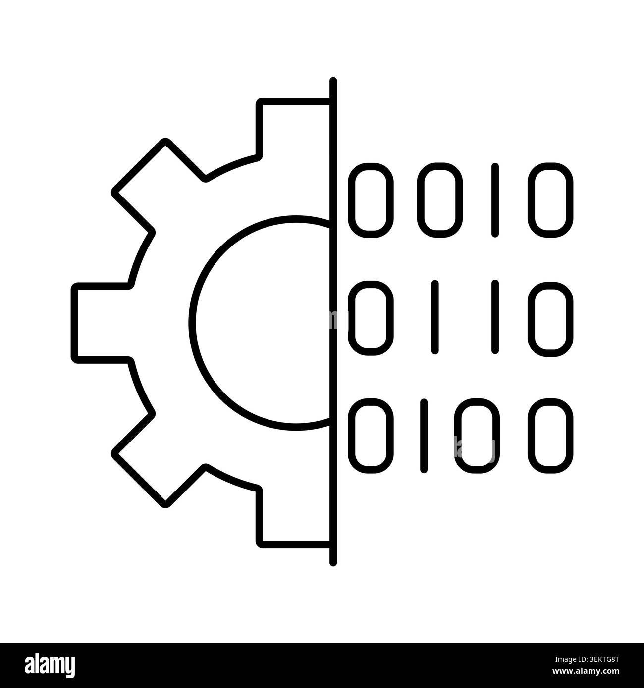 Symbol combining gear and binary code. Vector line illustration for industrial tech branding, software engineering concepts. Stock Vector