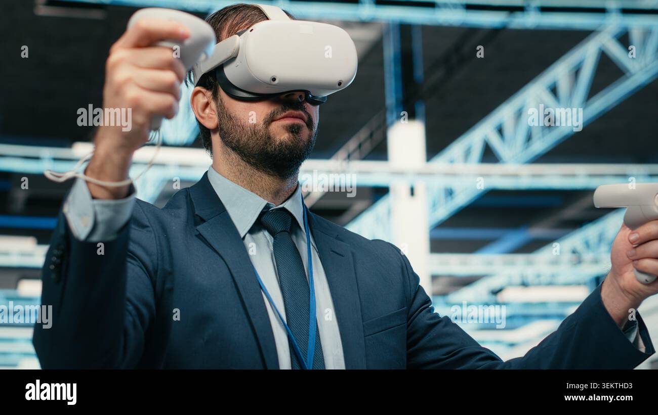 Data center programmer using VR headset tech to do equipment resource optimization. Server farm IT professional using virtual reality simulation to upgrade hardware supercomputers, camera B Stock Photo