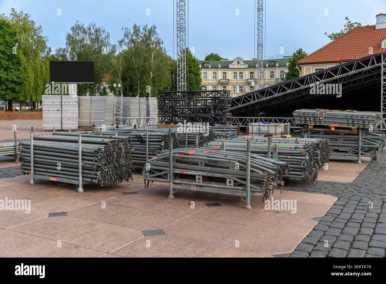 Metal scaffolding pipes and stage construction materials stored ...