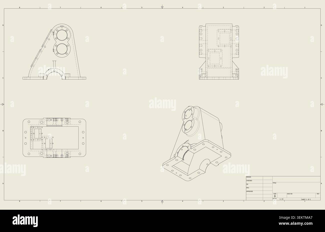 technical CAD drawing template on paper displaying orthographic ...