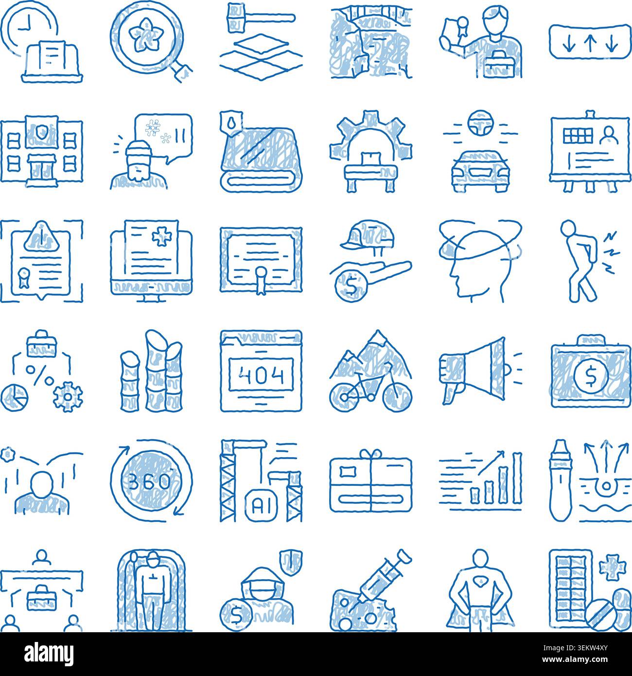 Analyzing business concepts with various blue doodle sketches Stock Vector
