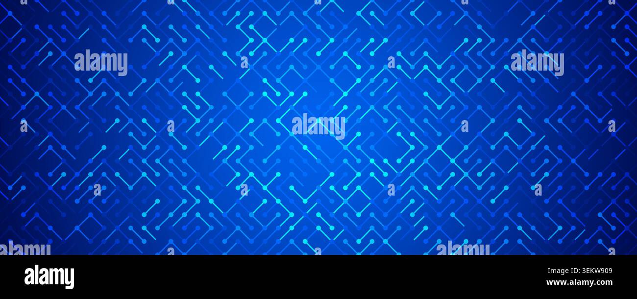 Blue neon glowing circuit board pattern background. Digital tech backdrop for computer chip, motherboard, processor or concept. Abstract electronic technology effect wallpaper. Vector illustration Stock Vector