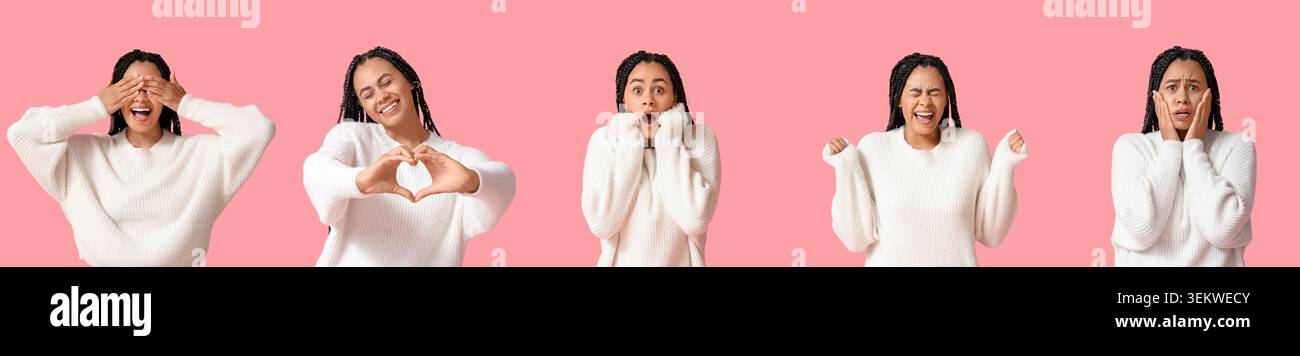 Collage of expressive young African woman in white sweater posing on pink background with hands over eyes, heart gesture, surprised face, cheering emo Stock Photo