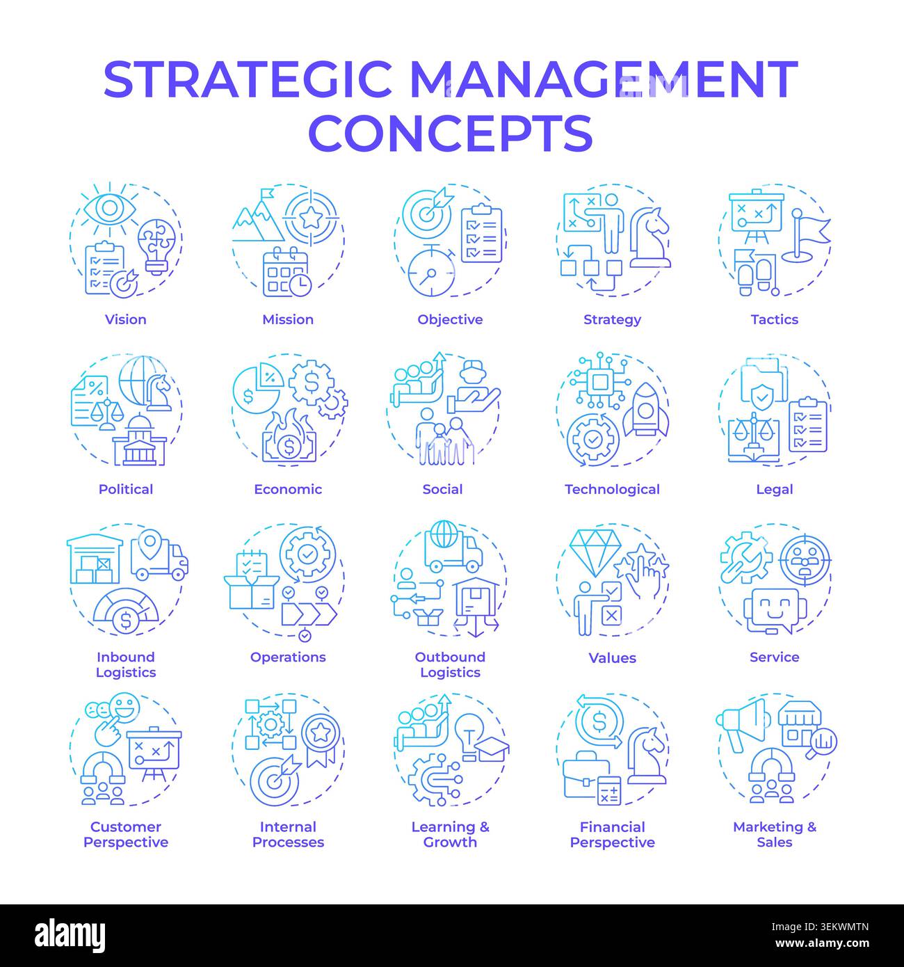 Strategic management blue gradient concept icons Stock Vector