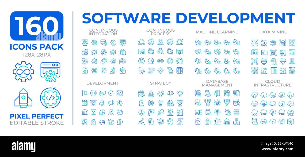 Software development two color line icons set collection Stock Vector