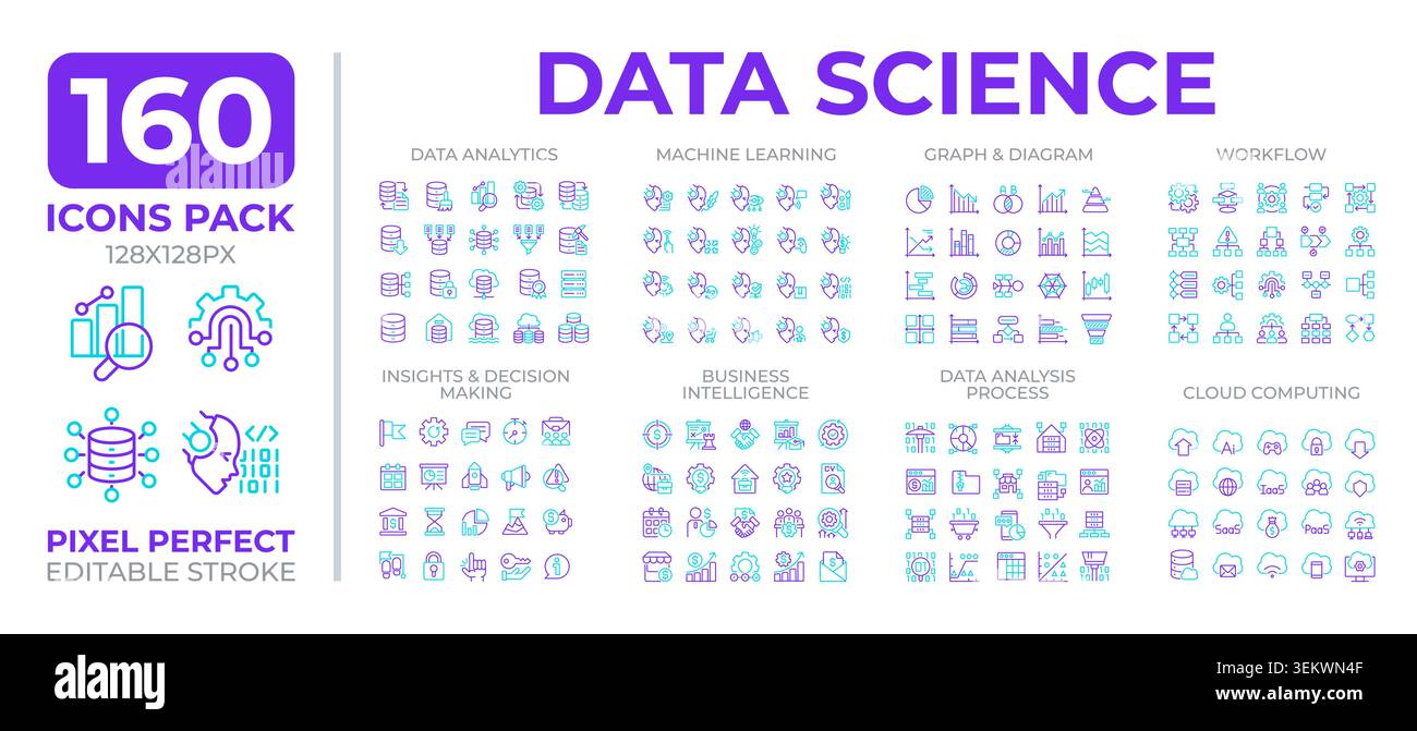 Data science two color line icons set collection Stock Vector