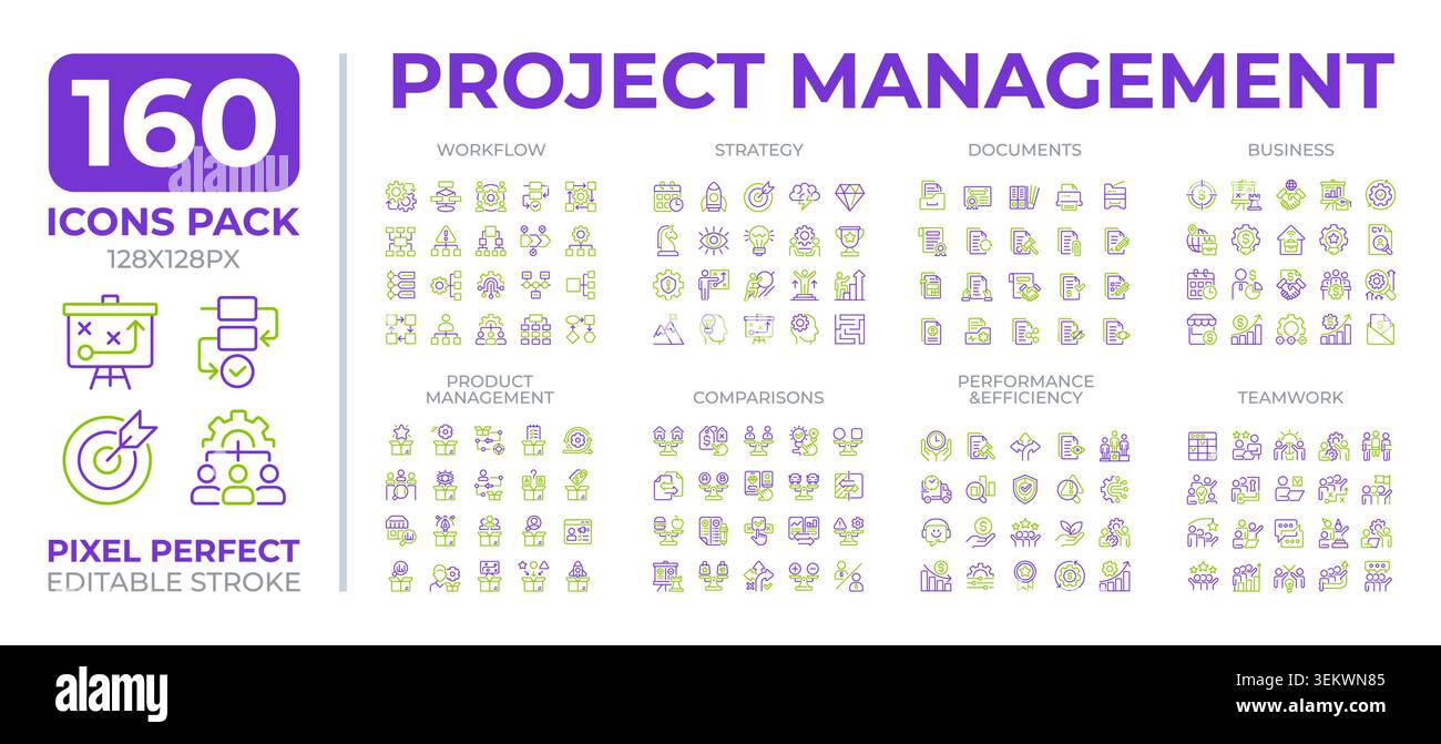 Project management two color line icons set collection Stock Vector