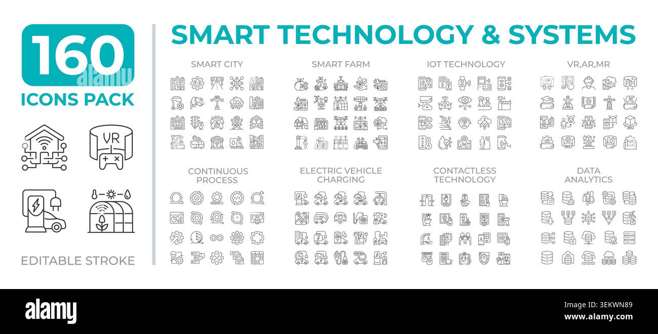 Smart technology and system line icons set collection Stock Vector