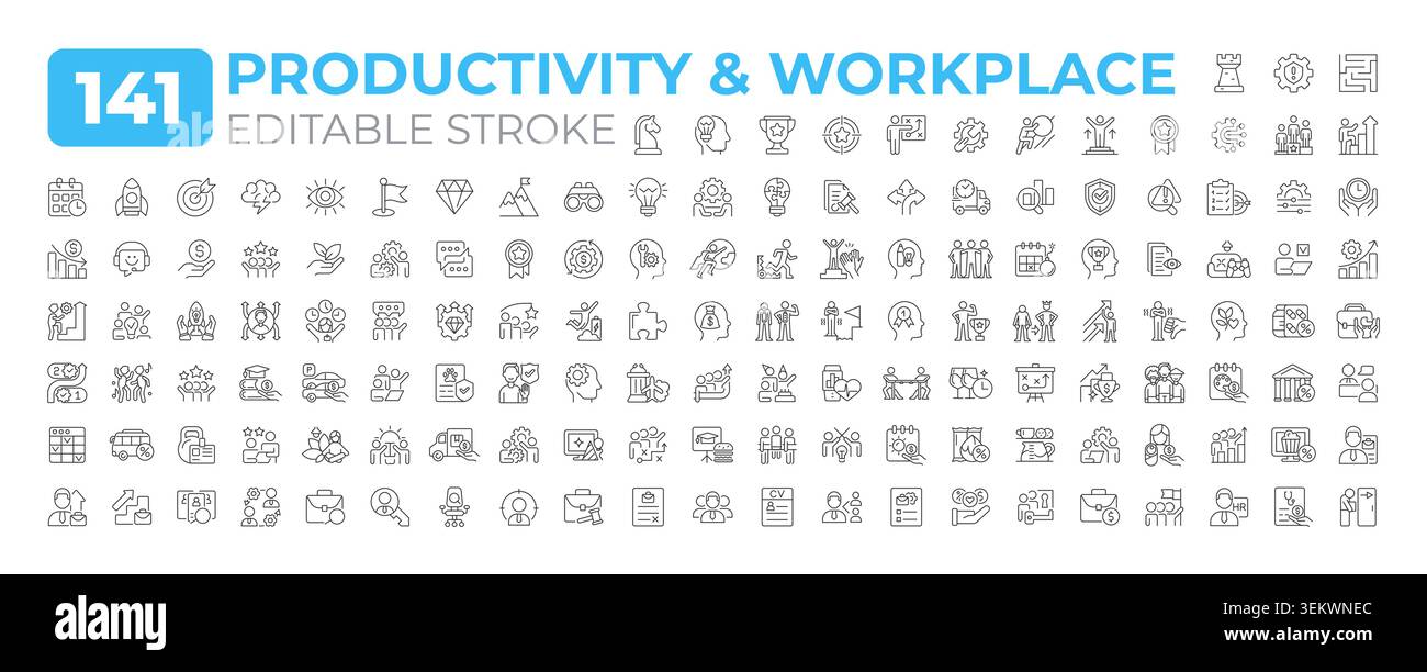 Productivity in workplace line icons big set Stock Vector