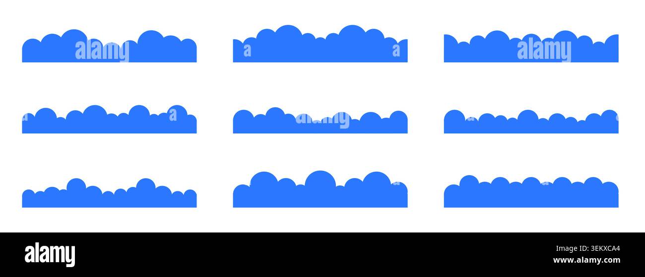 Simple clouds divider web site separator set. Fluffy curve edge header section. Blue border for banner, frame bottom, template. Vector illustration Stock Vector